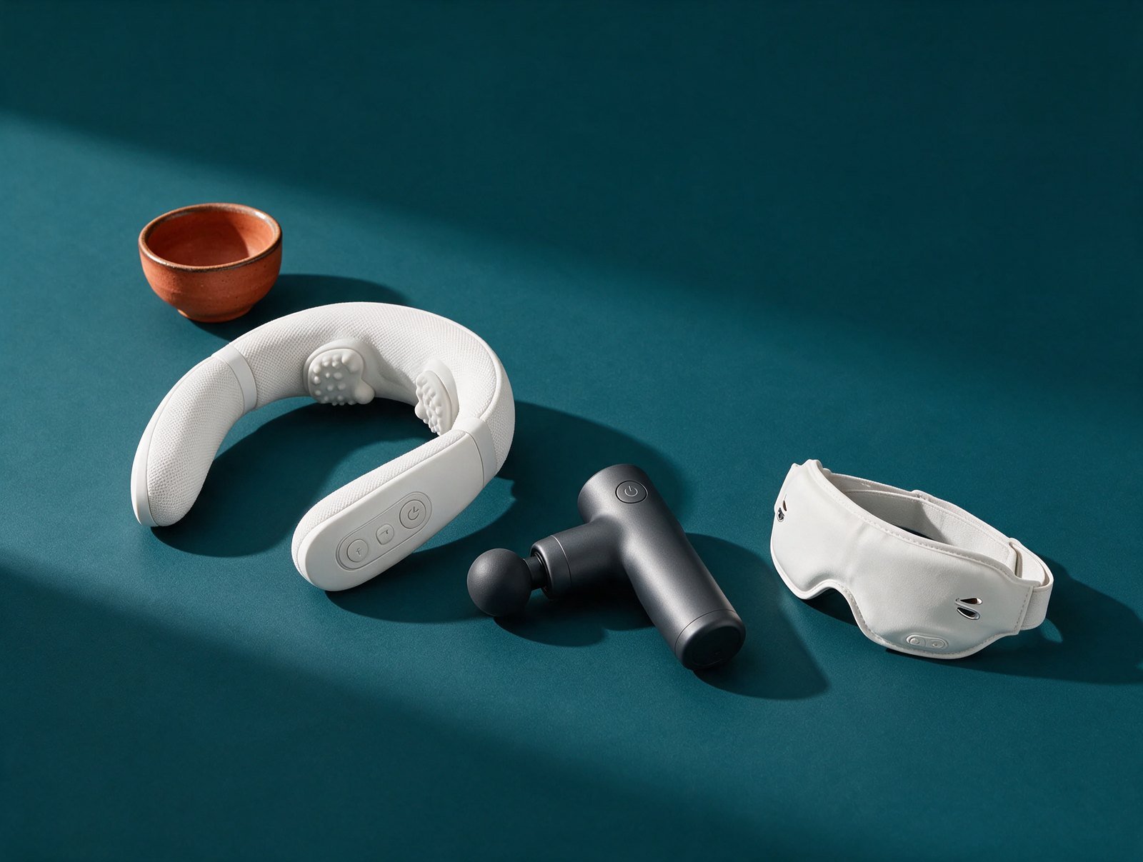 Prime Balance neck massager, percussion gun and eye massager arranged on a deep teal surface